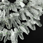 Large Long Natural Green Quartz Rough Raw Hand Hammered Spike Beads Top Drilled Focal Pendant 15.5" Strand