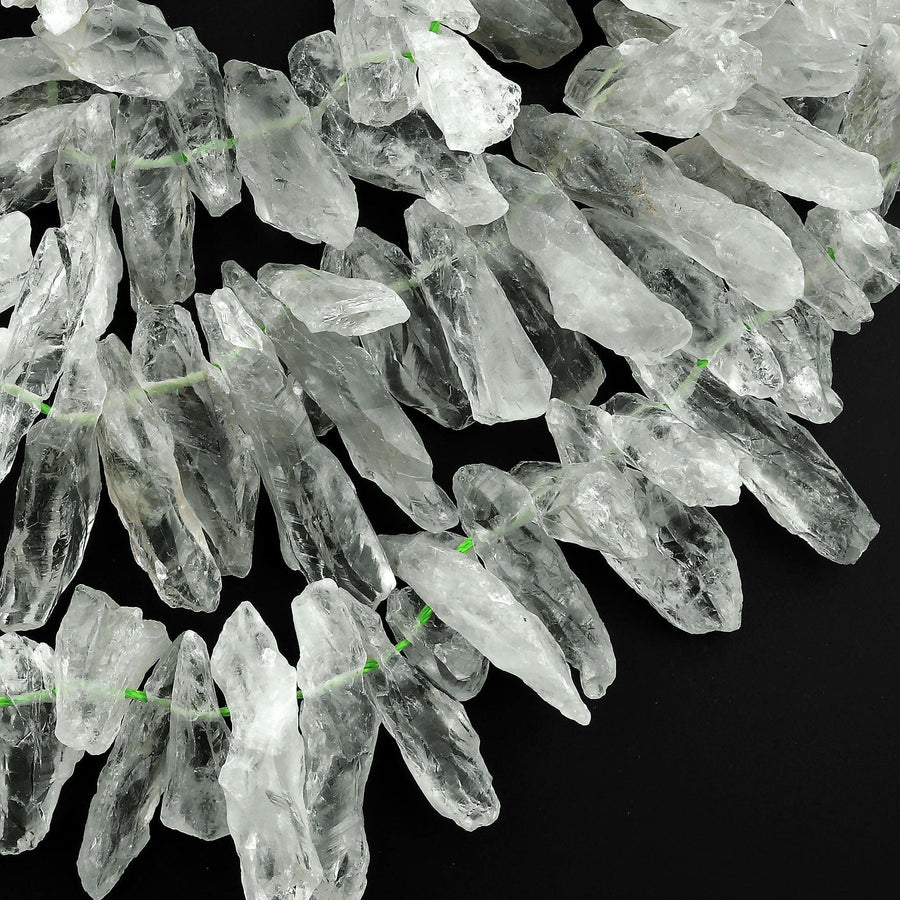 Large Long Natural Green Quartz Rough Raw Hand Hammered Spike Beads Top Drilled Focal Pendant 15.5" Strand