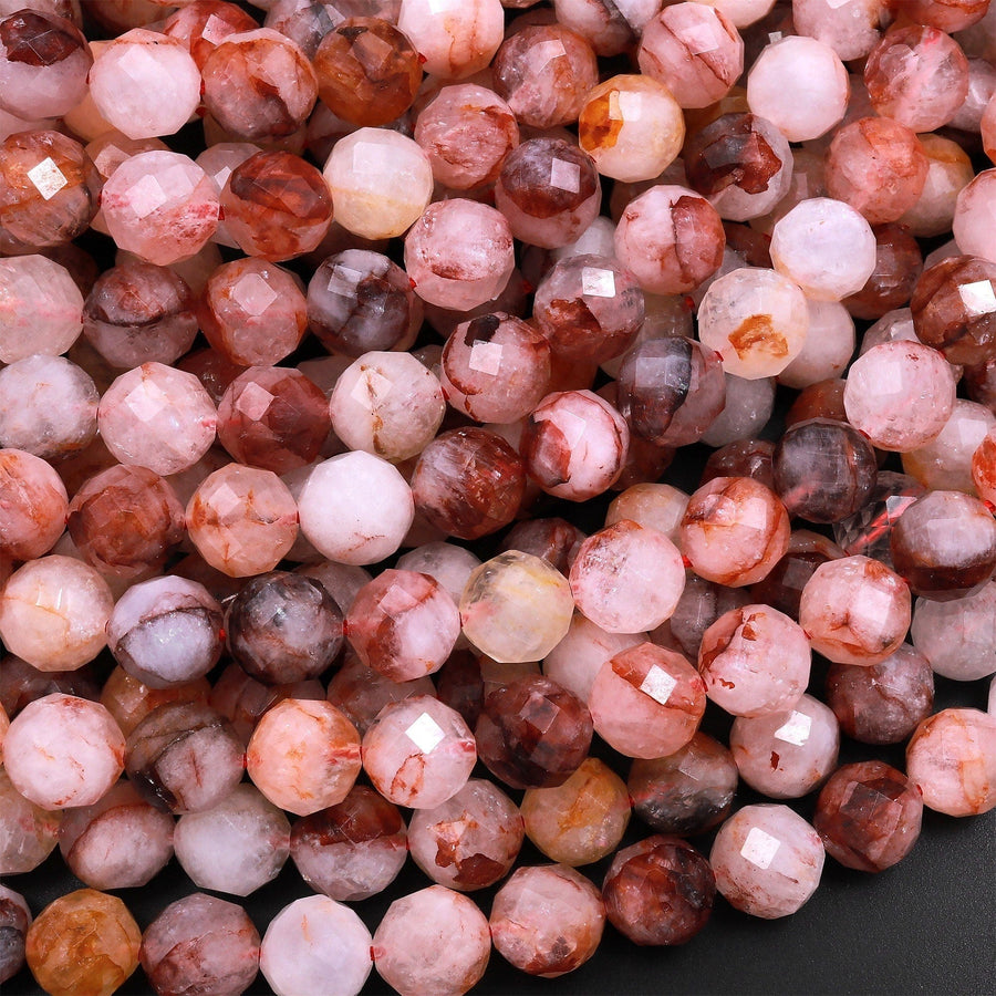 Faceted Natural Red Hematoid Lepidocrocite Quartz 8mm 10mm Round Beads Rare Red Quartz Crystal Powerful Energy Stone 15.5" Strand