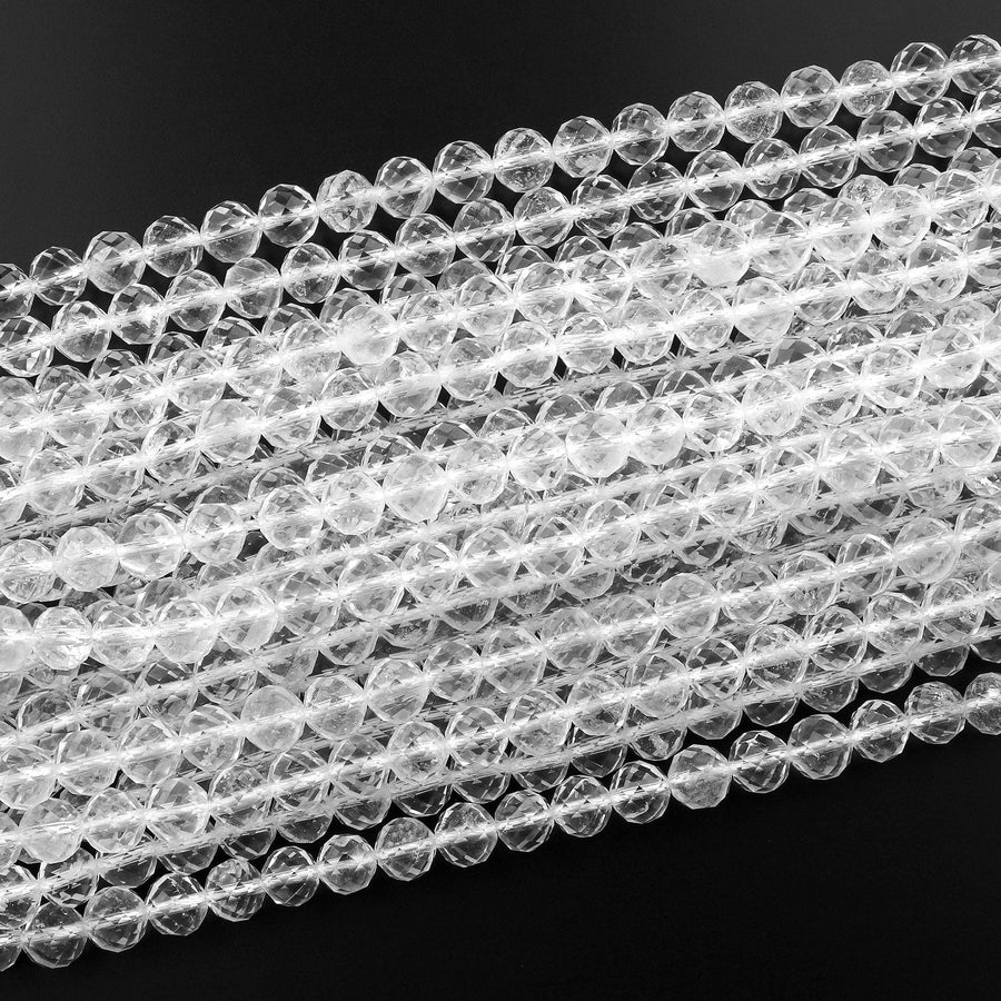 Genuine Natural Rock Quartz Faceted 4mm 5mm 6mm 8mm Round Beads Geometric Diamond Cut 15.5" Strand