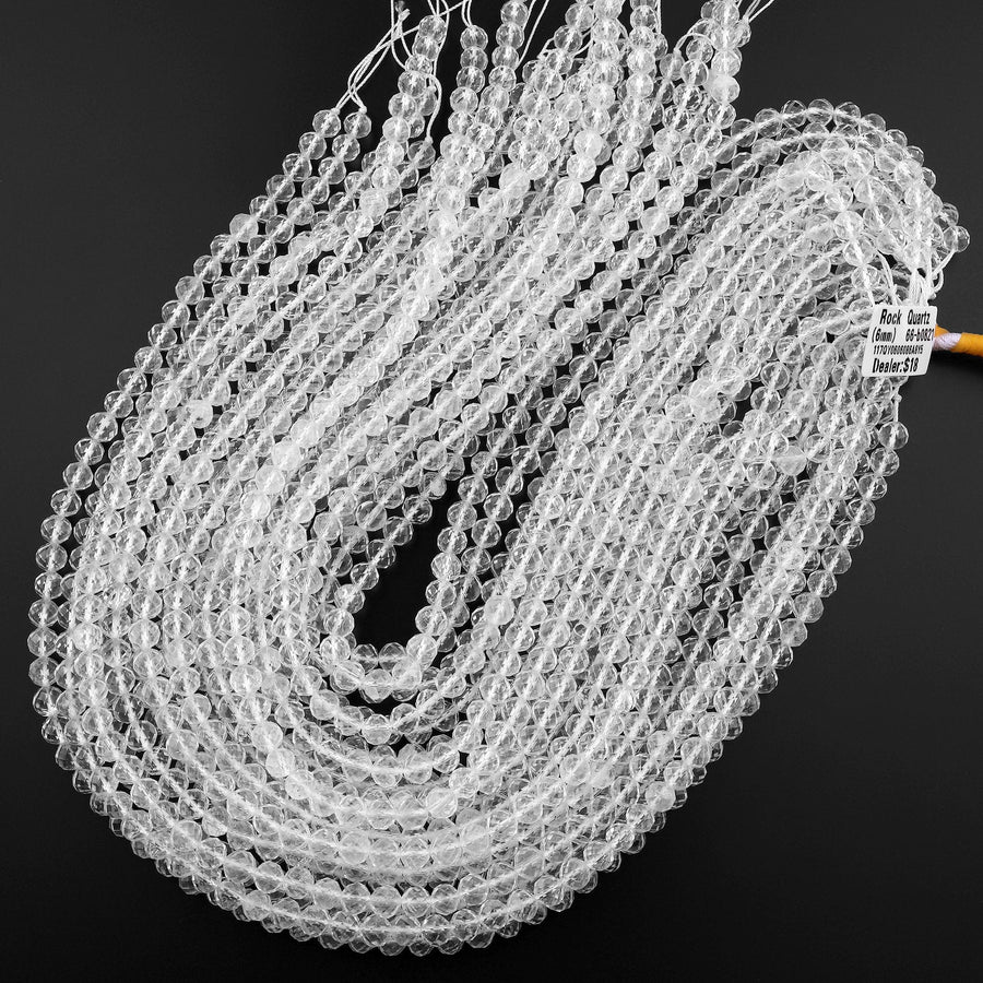 Genuine Natural Rock Quartz Faceted 4mm 5mm 6mm 8mm Round Beads Geometric Diamond Cut 15.5" Strand