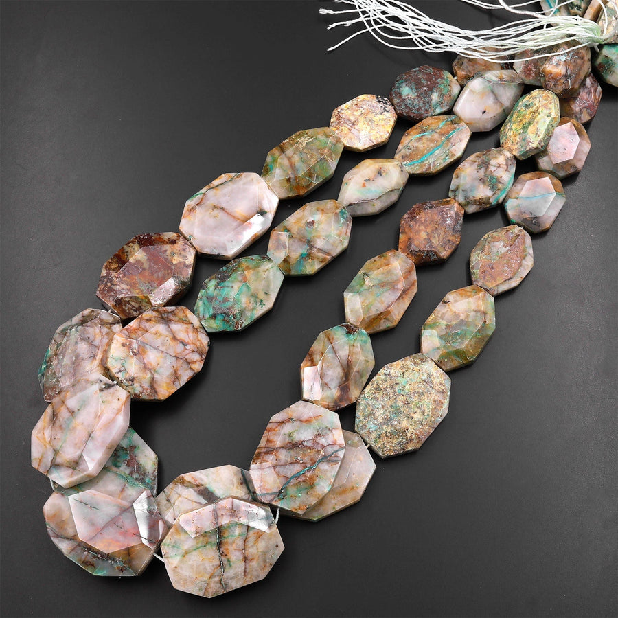 Faceted Natural Chrysocolla in Quartz Focal Octagaon Pendant Beads Graduated Gemstone 15.5" Strand