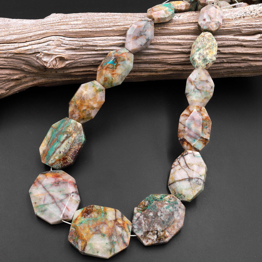 Faceted Natural Chrysocolla in Quartz Focal Octagaon Pendant Beads Graduated Gemstone 15.5" Strand