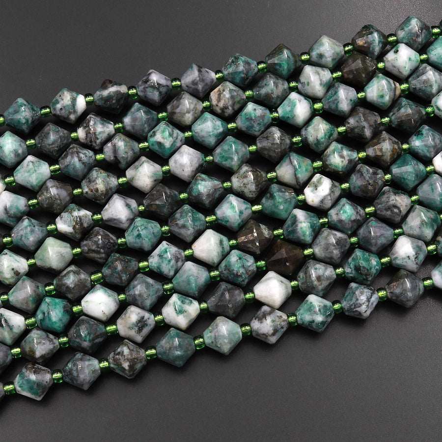 Rare Natural Pyrite in Green Jade 8mm Bicone Beads 15.5" Strand
