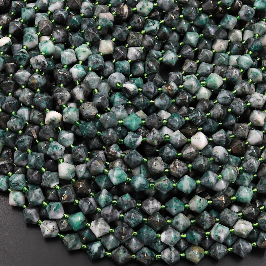 Rare Natural Pyrite in Green Jade 8mm Bicone Beads 15.5" Strand