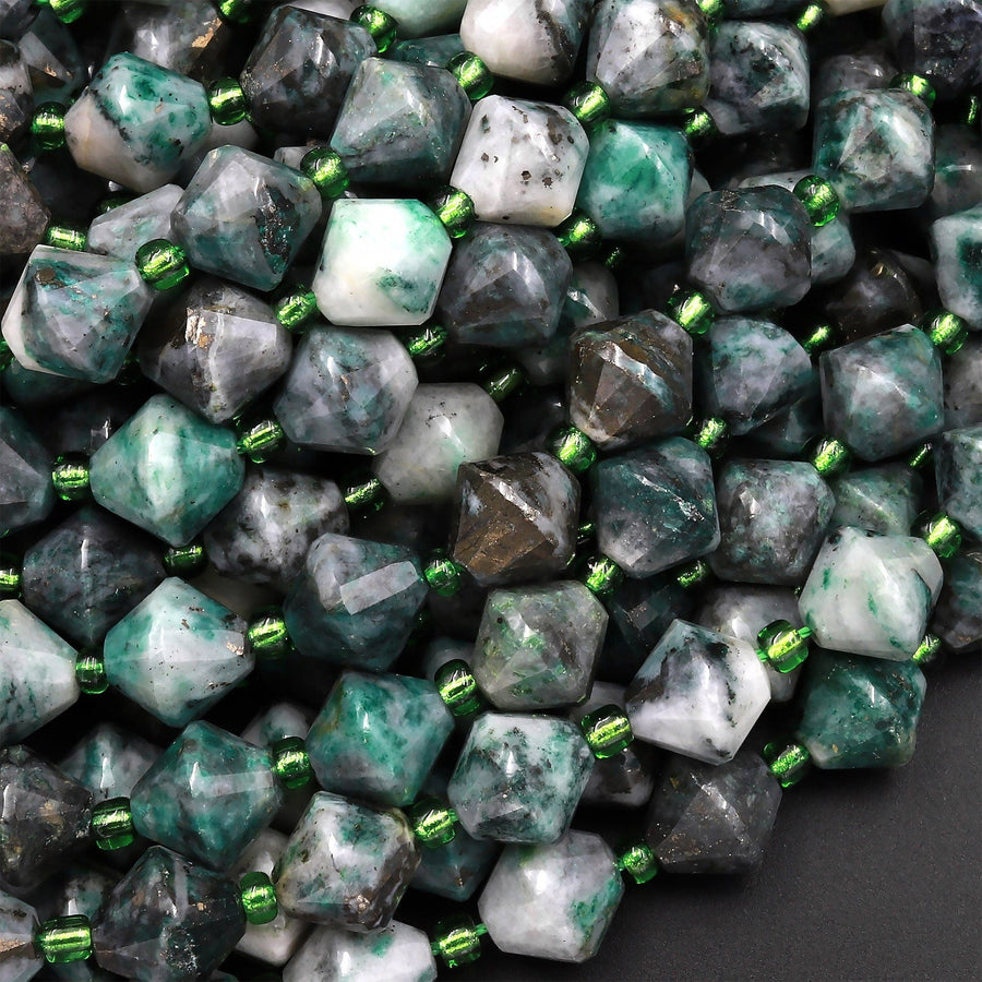 Rare Natural Pyrite in Green Jade 8mm Bicone Beads 15.5" Strand