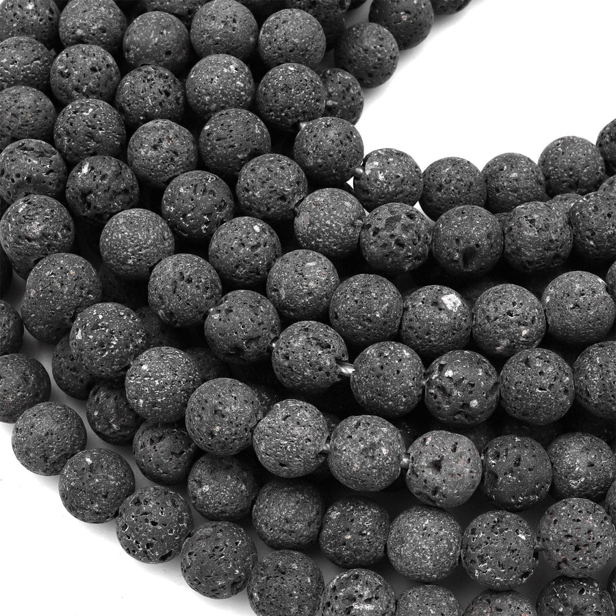 Large Hole Beads Unwaxed Natural Black Lava 8mm 10mm Round Beads Big 2.5mm Hole 8" Strand