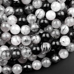 Natural Black Tourmaline Rutilated Quartz Round Beads 4mm 6mm 8mm 10mm 12mm 14mm 16mm 18mm 15.5" Strand