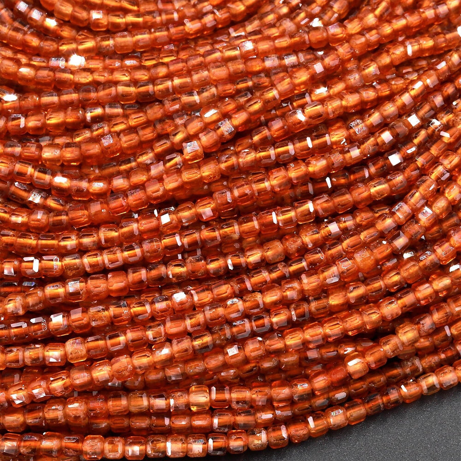 Natural Orange Hessonite Garnet Faceted 2mm Cube Beads 15.5" Strand