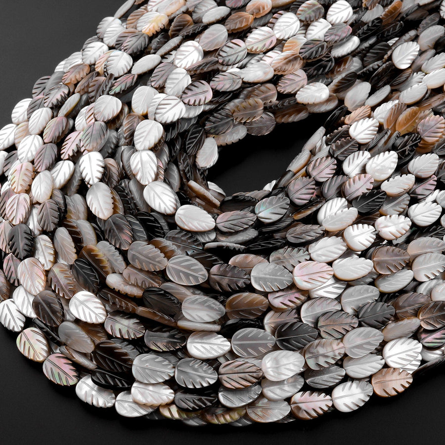 AAA Iridescent Hand Carved Natural Golden Smoky Champaign Brown Mother of Pearl Shell Beads Teardrop Leaf Shape 15.5" Strand