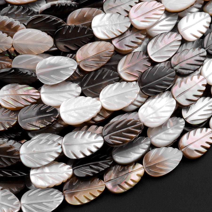 AAA Iridescent Hand Carved Natural Golden Smoky Champaign Brown Mother of Pearl Shell Beads Teardrop Leaf Shape 15.5" Strand
