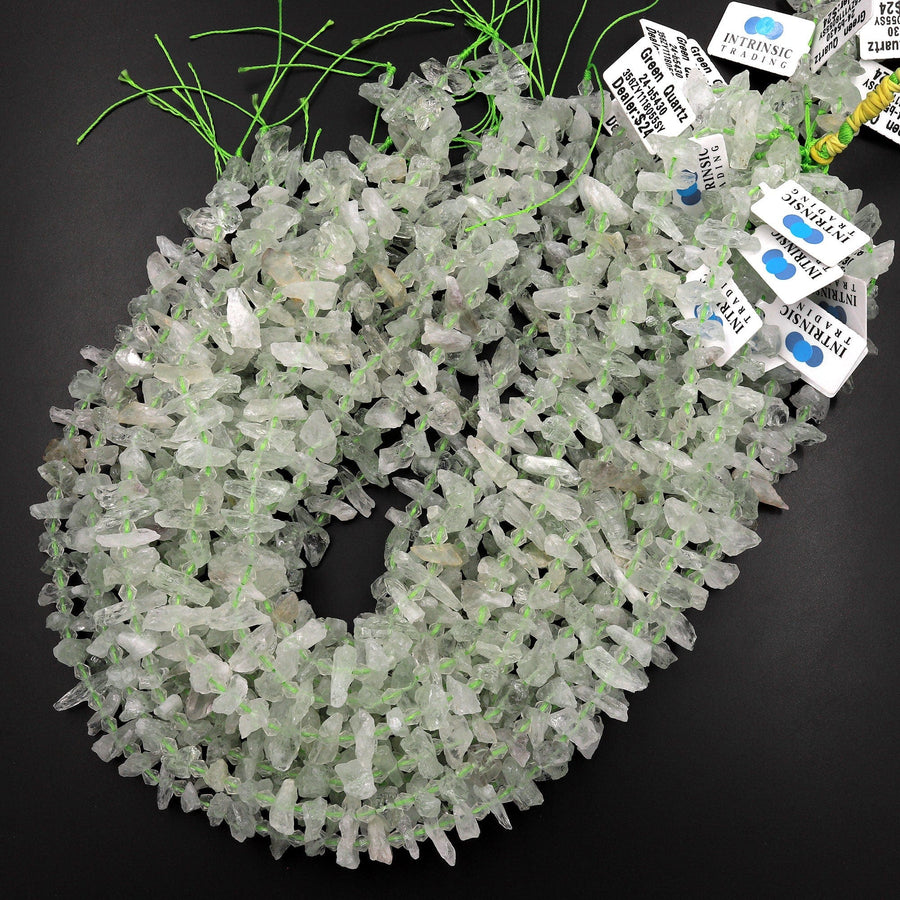 Natural Green Phantom Quartz Rough Raw Spike Center Drilled Hand Hammered Beads 15.5" Strand