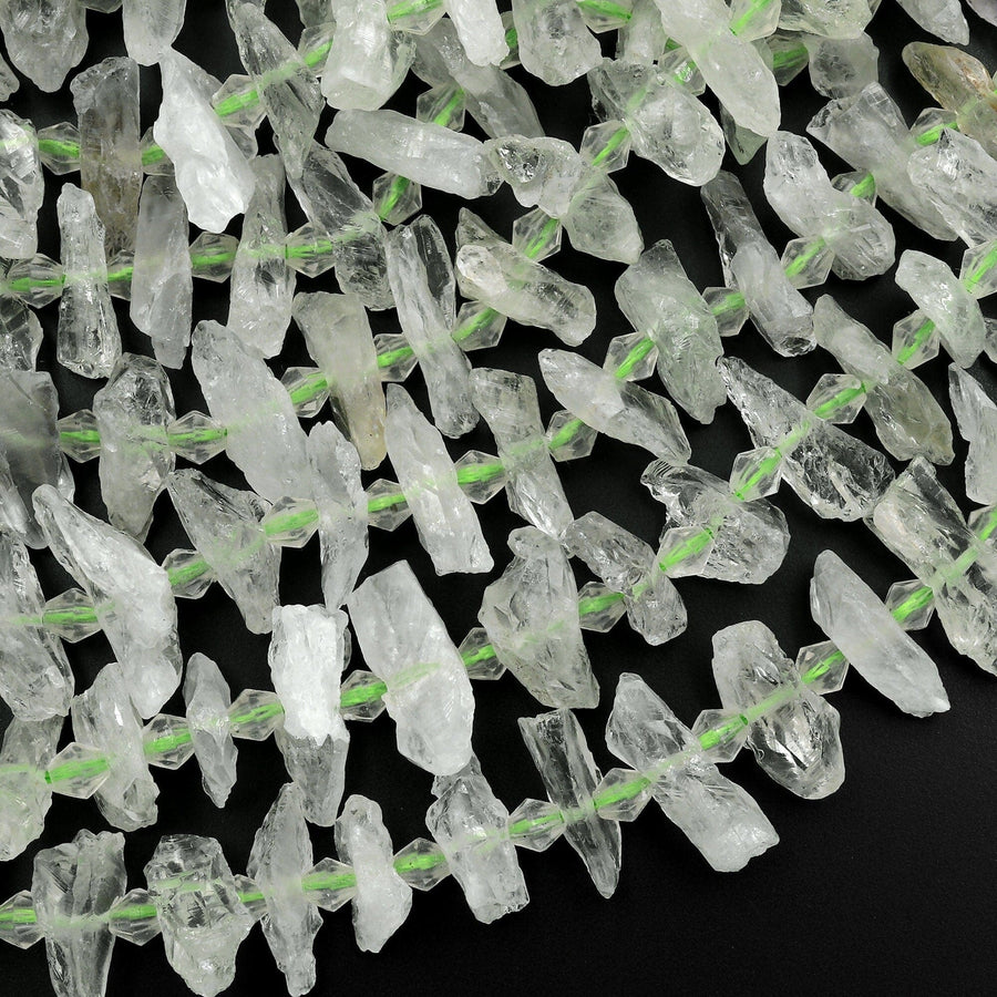 Natural Green Phantom Quartz Rough Raw Spike Center Drilled Hand Hammered Beads 15.5" Strand