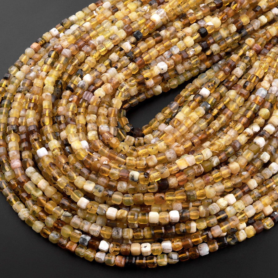 Faceted Natural African Golden Yellow Opal 4mm 5mm Cube Beads Extra Gemmy 15.5" Strand