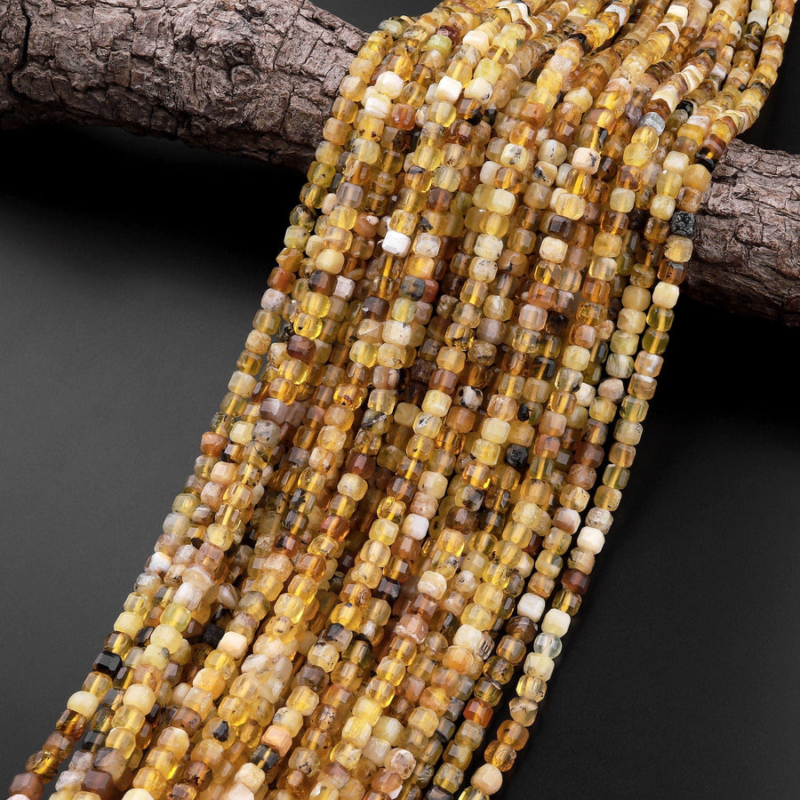 Faceted Natural African Golden Yellow Opal 4mm 5mm Cube Beads Extra Gemmy 15.5" Strand