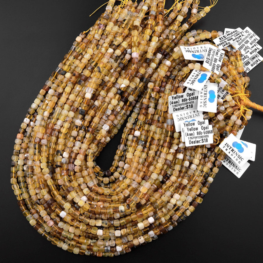 Faceted Natural African Golden Yellow Opal 4mm 5mm Cube Beads Extra Gemmy 15.5" Strand