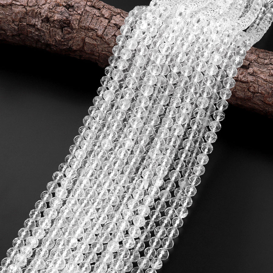 Genuine Natural Rock Quartz Faceted 4mm 5mm 6mm 8mm Round Beads Geometric Diamond Cut 15.5" Strand