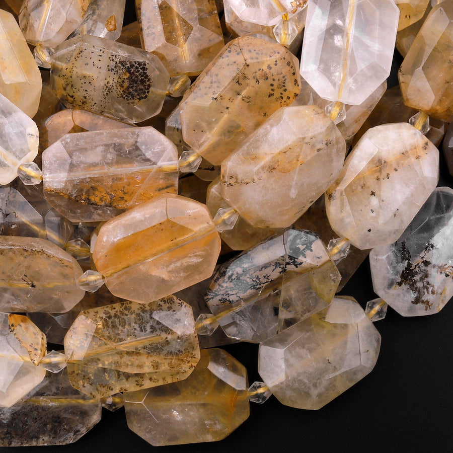 Natural Golden Dendritic Quartz Faceted Cushion Rectangle Beads 15.5" Strand