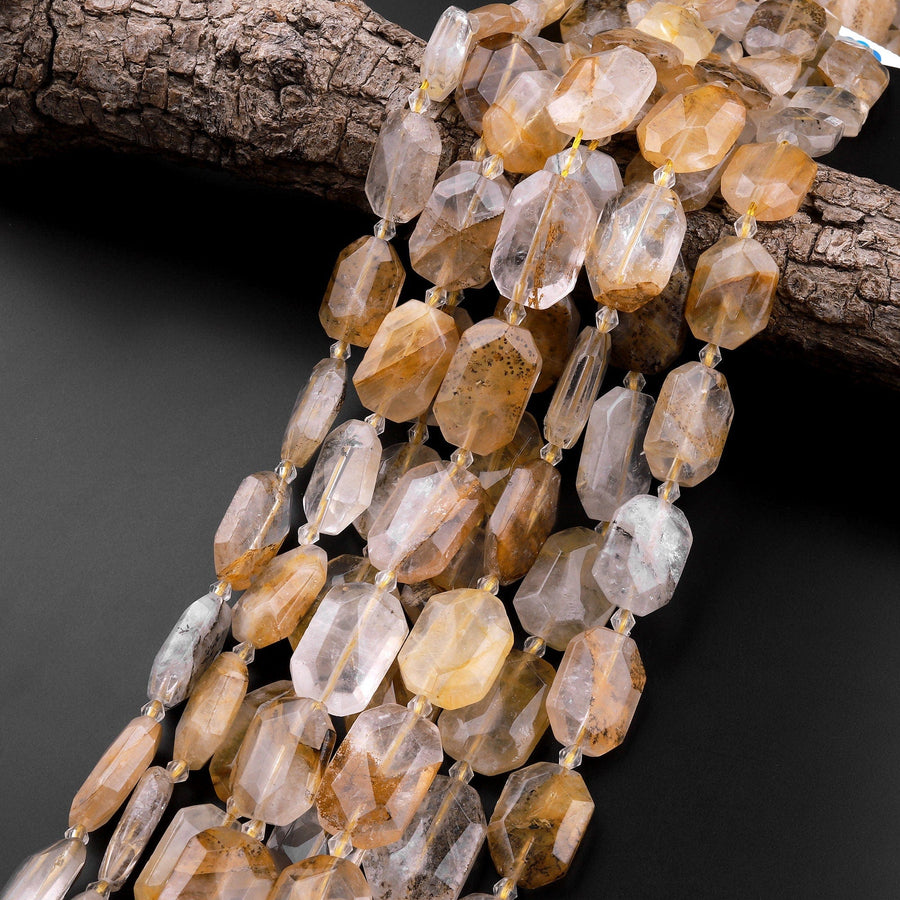 Natural Golden Dendritic Quartz Faceted Cushion Rectangle Beads 15.5" Strand
