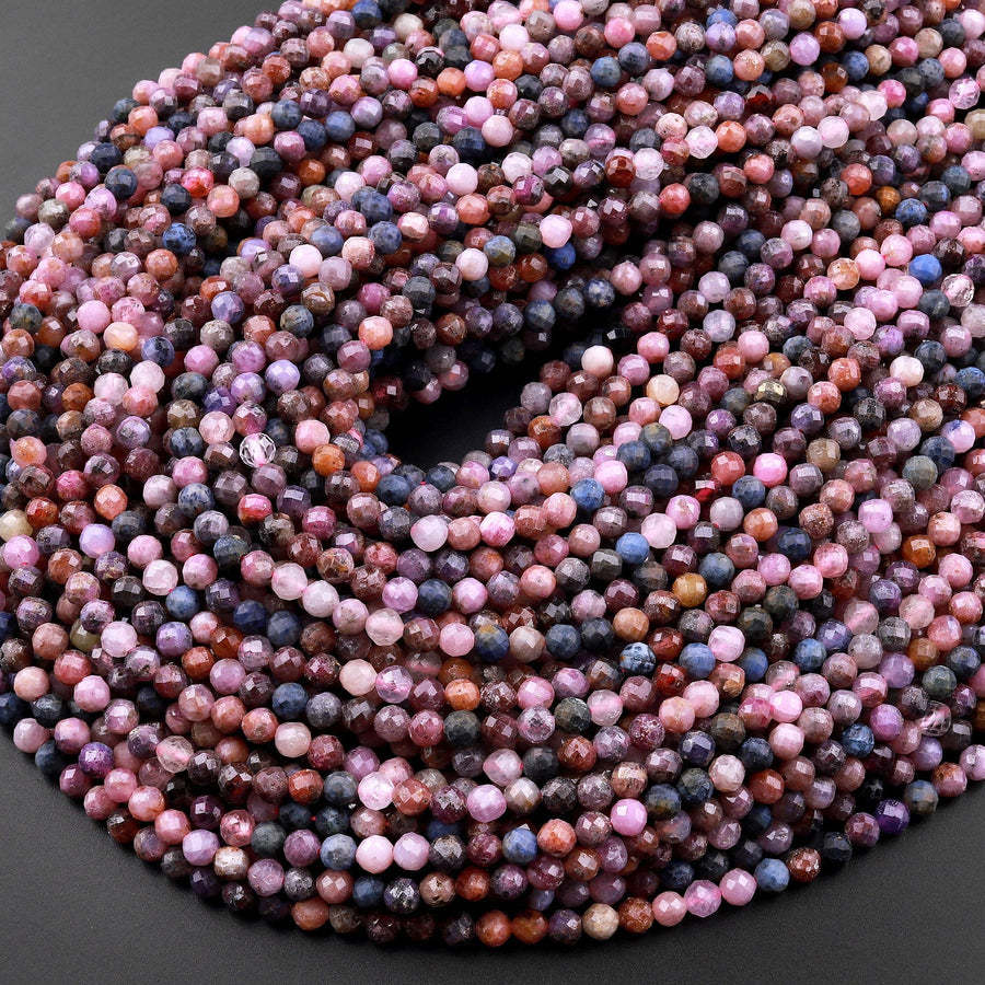 Real Genuine Pink Ruby Blue Sapphire Spinel Faceted 4mm Round Beads Gemstone 15.5" Strand