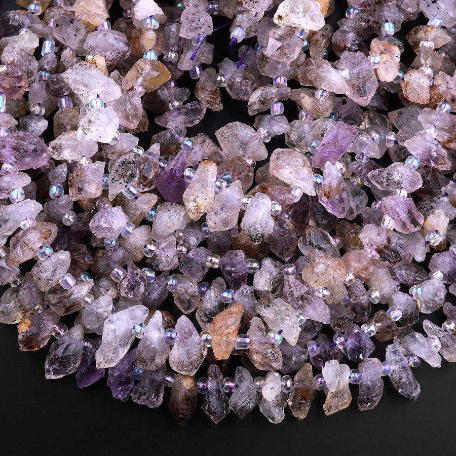 Super 7 Crystal Natural Phantom Amethyst Cacoxenite Raw Rough Point Beads Powerful Healing Stone 15.5" Strand
