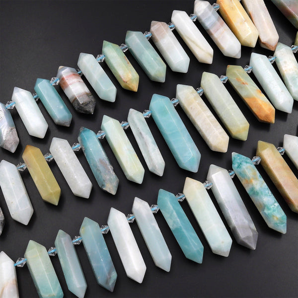 Double Terminated Multicolor Amazonite Long Points Side Drilled Focal Pendant Beads 15.5" Strand