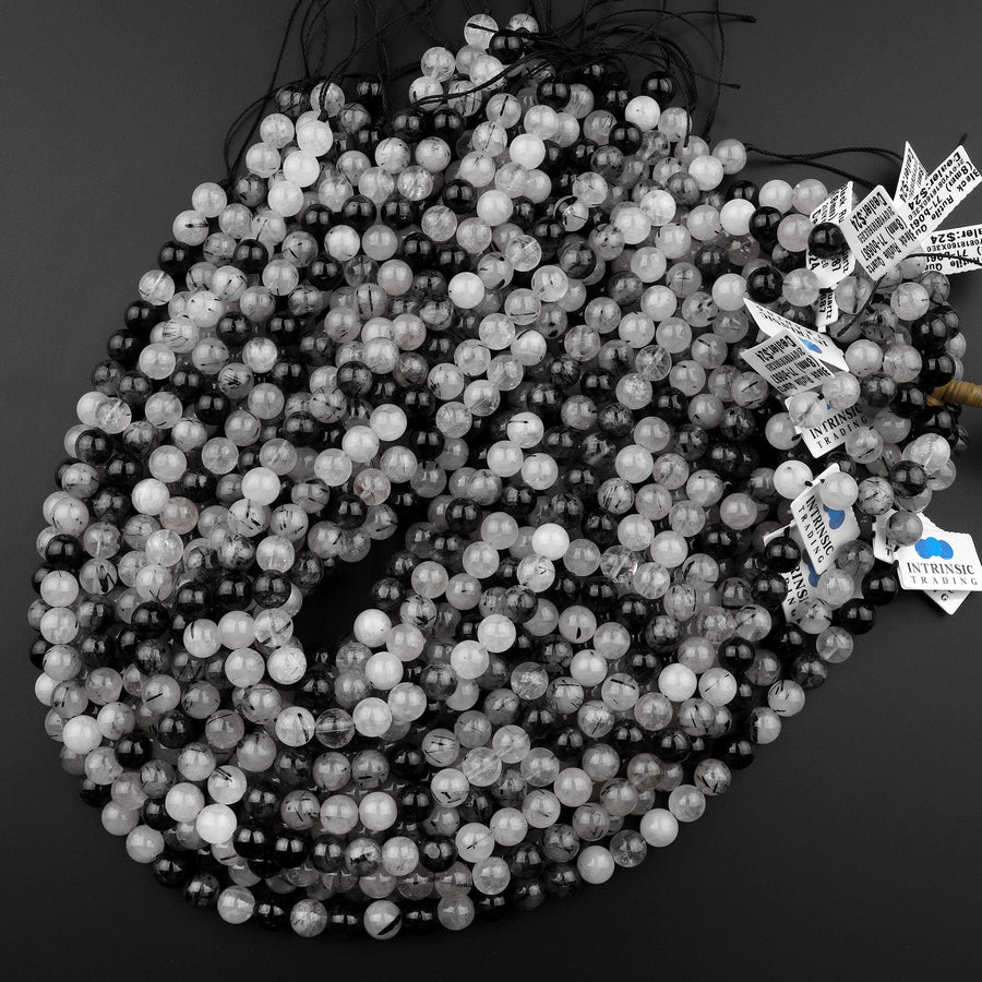 Natural Black Tourmaline Rutilated Quartz Round Beads 4mm 6mm 8mm 10mm 12mm 14mm 16mm 18mm 15.5" Strand