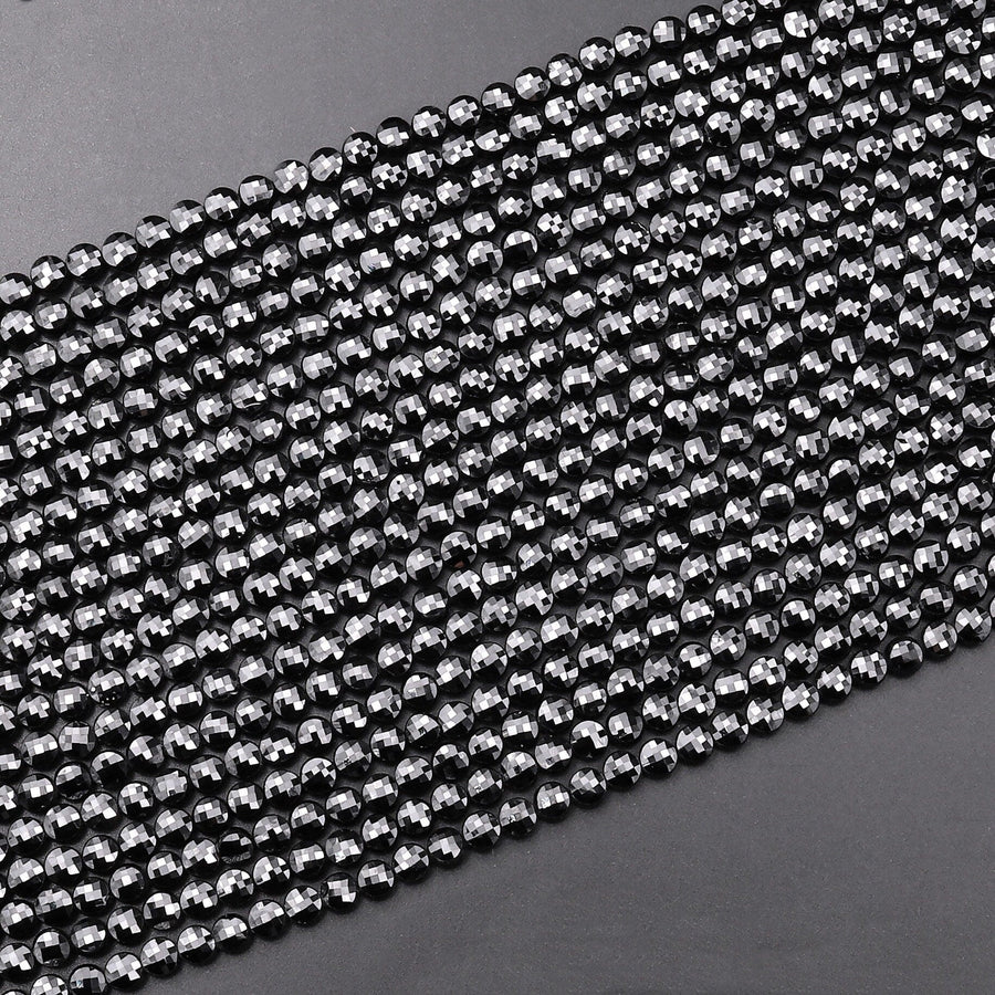 Natural Black Spinel Faceted 4mm 6mm 8mm Coin Beads Micro Faceted Laser Diamond Cut 15.5" Strand