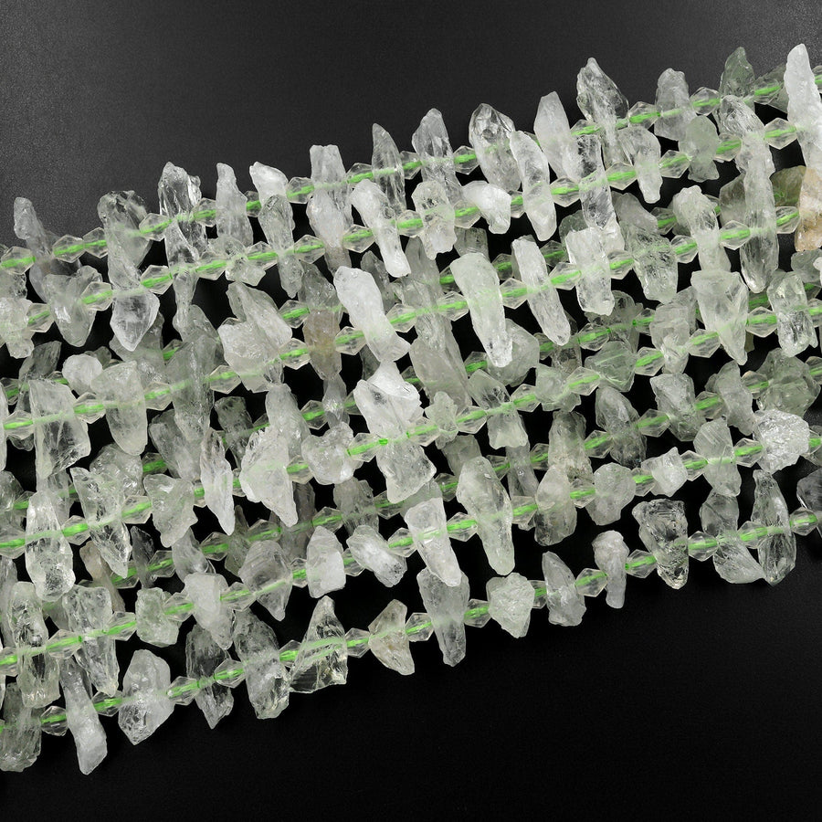 Natural Green Phantom Quartz Rough Raw Spike Center Drilled Hand Hammered Beads 15.5" Strand