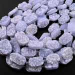 Rare Natural Blue Chalcedony Druzy Drusy Beads Hand Cut Rounded Rectangle Sparkling Crystals 15.5" Full Strand