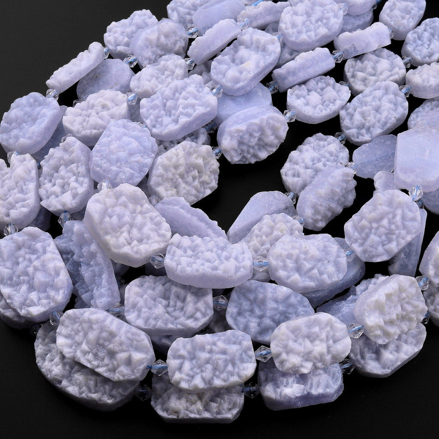 Rare Natural Blue Chalcedony Druzy Drusy Beads Hand Cut Rounded Rectangle Sparkling Crystals 15.5" Full Strand