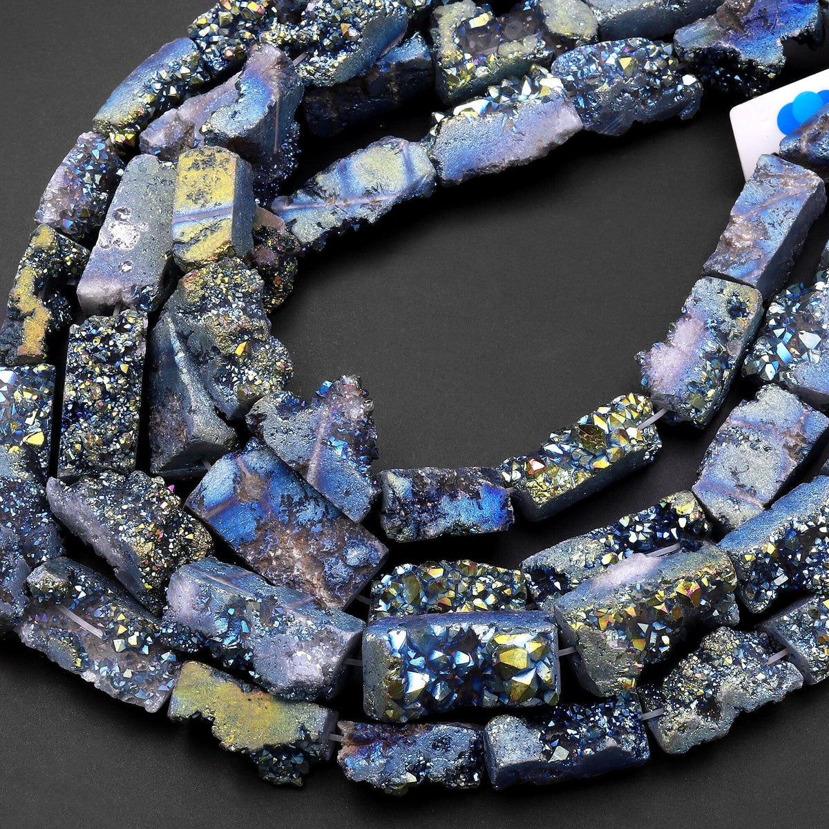 10mm Blue Peacock Druzy Agate Beads, Natural Stone + Iridescent Finish