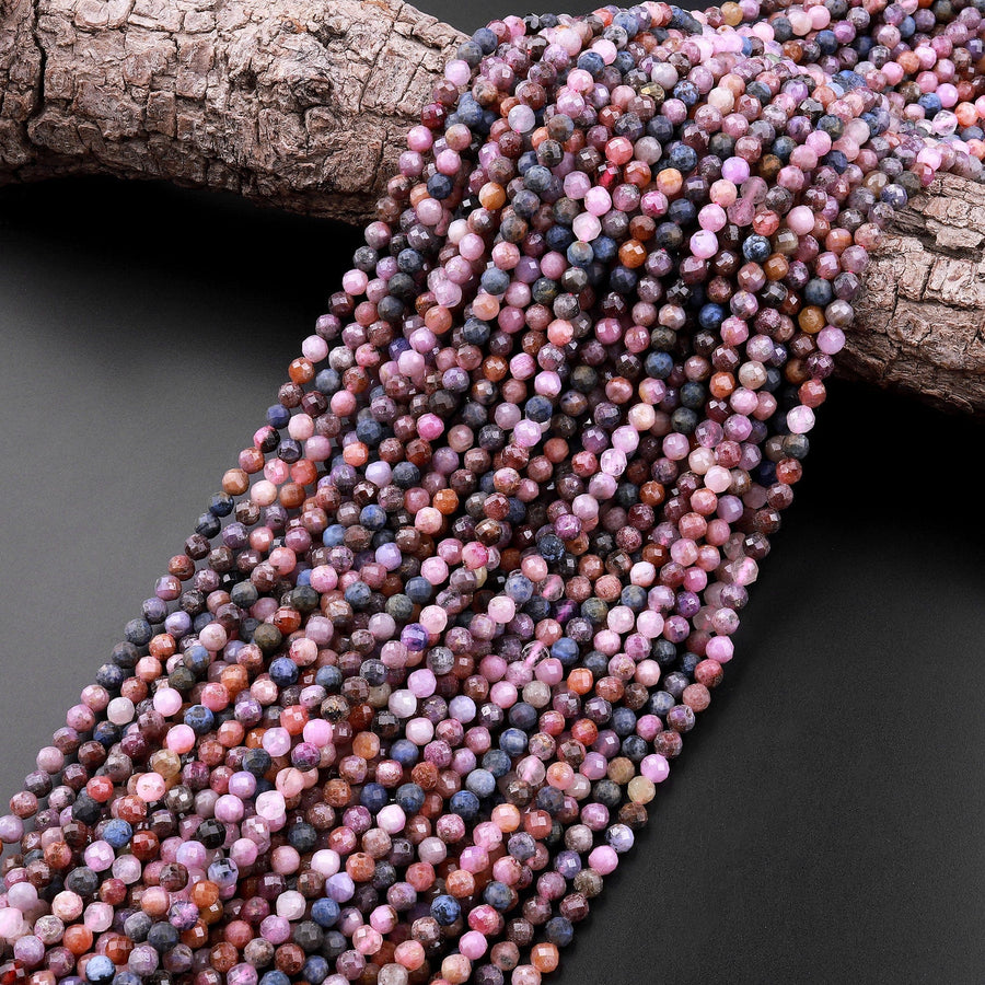 Real Genuine Pink Ruby Blue Sapphire Spinel Faceted 4mm Round Beads Gemstone 15.5" Strand