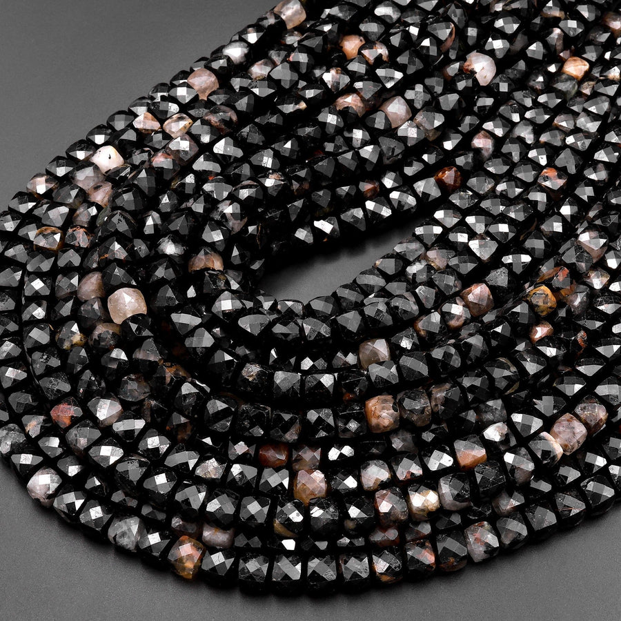 Natural Black Tourmaline Red Iron White Quartz Faceted 6mm 8mm Cube Beads Micro Faceted Laser Diamond Cut 15.5" Strand