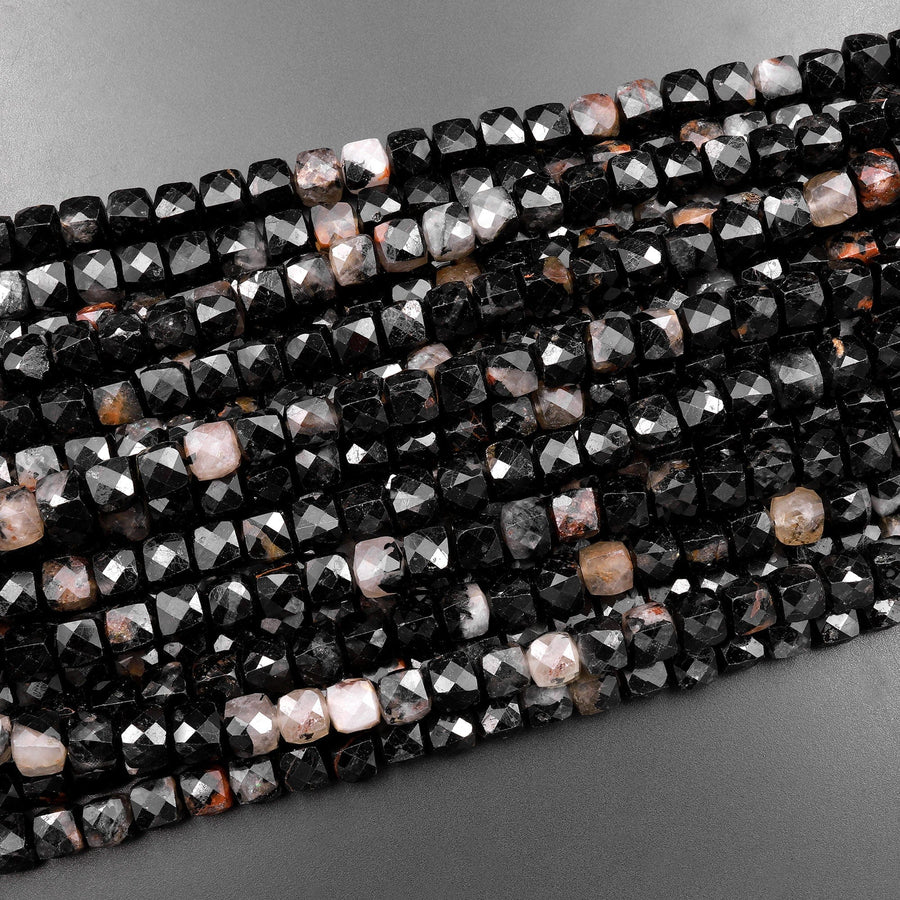 Natural Black Tourmaline Red Iron White Quartz Faceted 6mm 8mm Cube Beads Micro Faceted Laser Diamond Cut 15.5" Strand