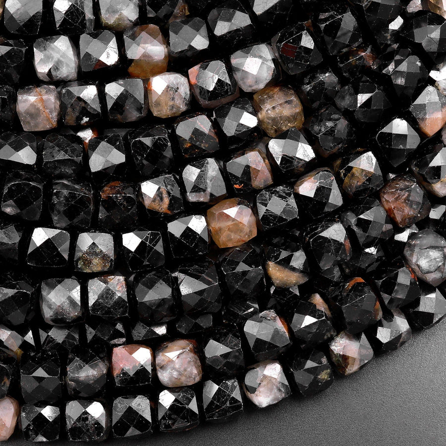 Natural Black Tourmaline Red Iron White Quartz Faceted 6mm 8mm Cube Beads Micro Faceted Laser Diamond Cut 15.5" Strand