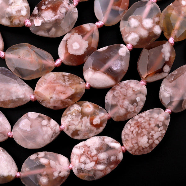 Natural Cherry Blossom Flower Agate Faceted Freeform Oval Beads 15.5" Strand