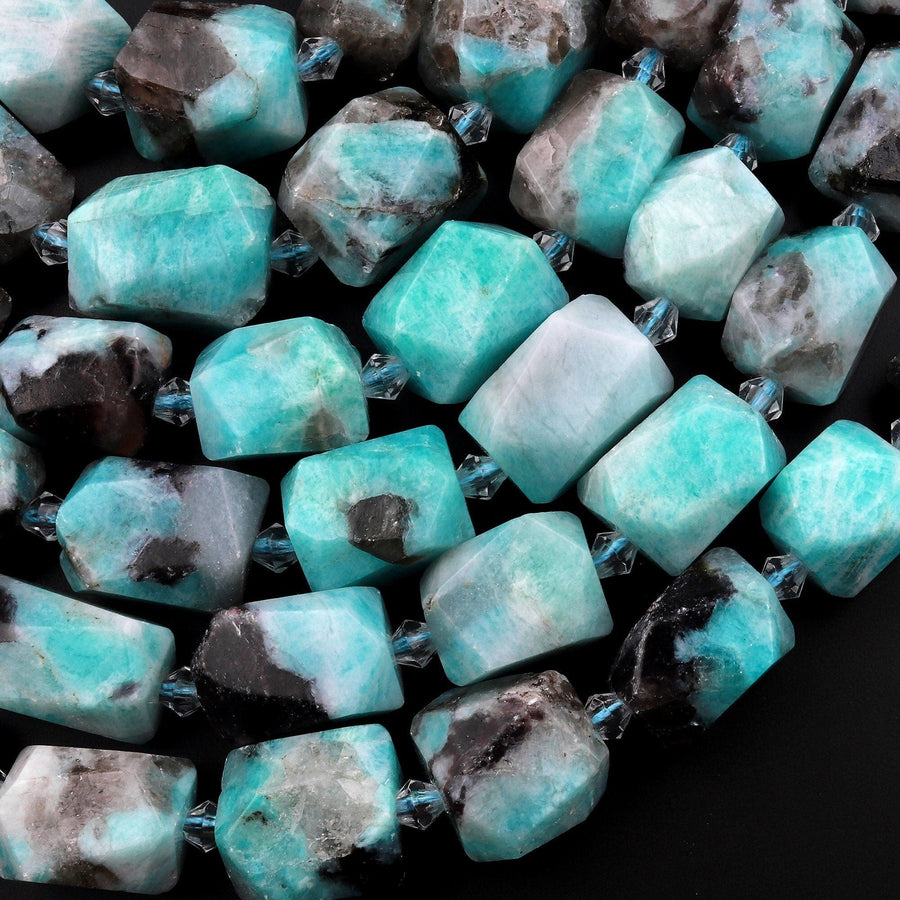 Large Natural Blue Amazonite Smoky Quartz  Rectangle Nugget Beads 15.5" Strand