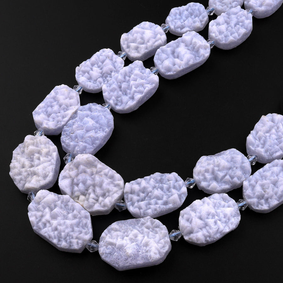 Rare Natural Blue Chalcedony Druzy Drusy Beads Hand Cut Rounded Rectangle Sparkling Crystals 15.5" Full Strand