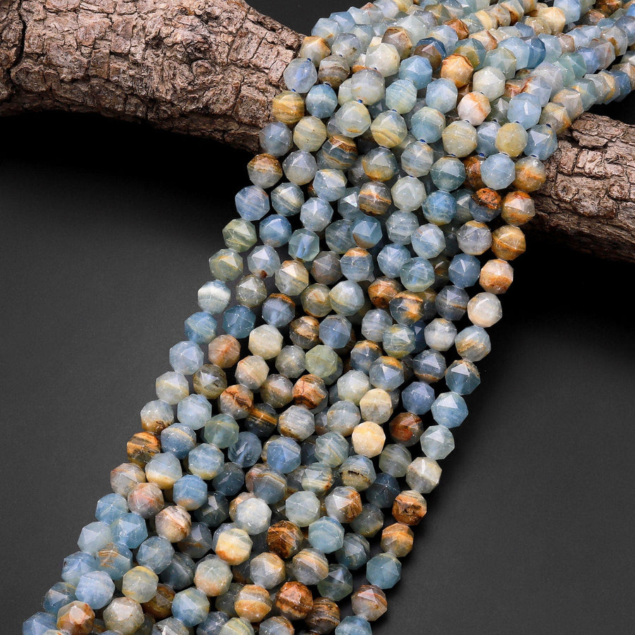 Faceted Natural Argentina Lemurian Aquatine Blue Calcite 8mm Rounded Double Hearted Star Cut Beads 15.5" Strand