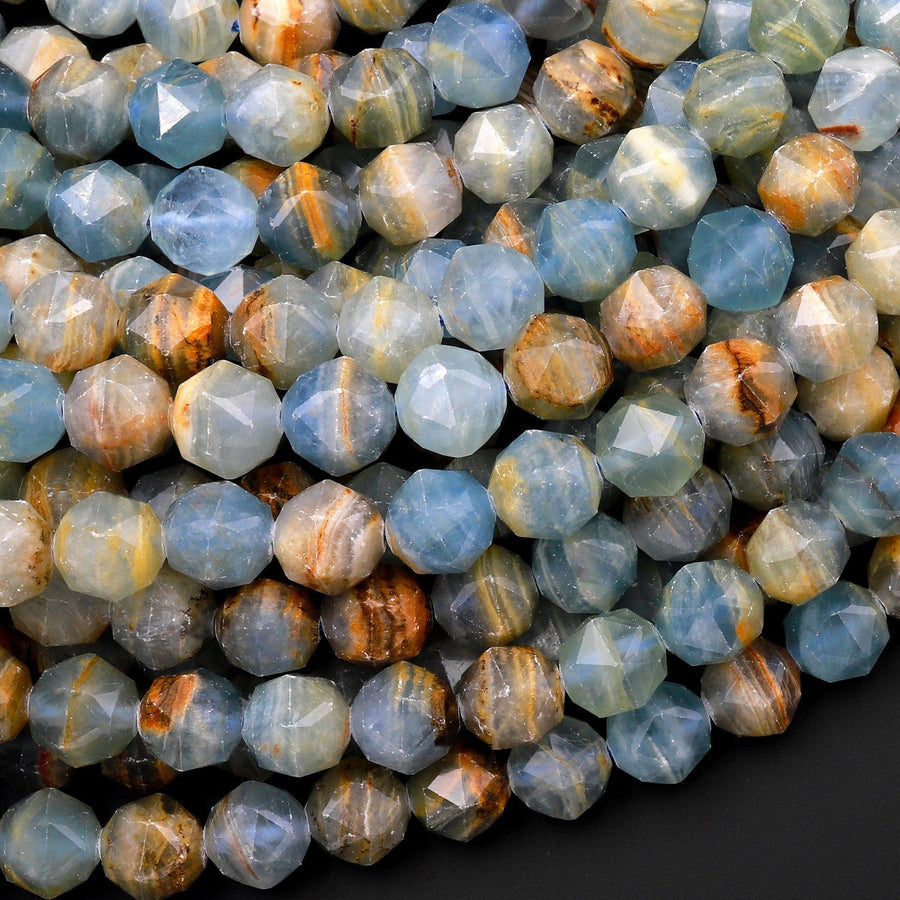 Faceted Natural Argentina Lemurian Aquatine Blue Calcite 8mm Rounded Double Hearted Star Cut Beads 15.5" Strand