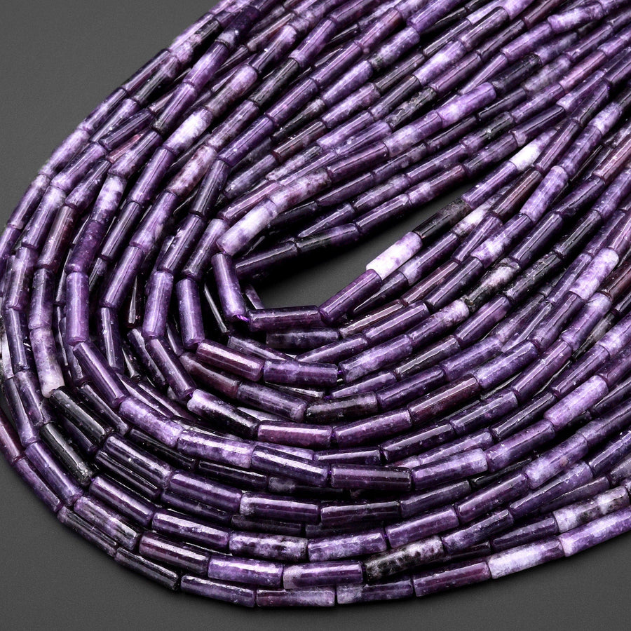 Natural Purple Lepidolite Thin Long Tube Beads 15.5" Strand