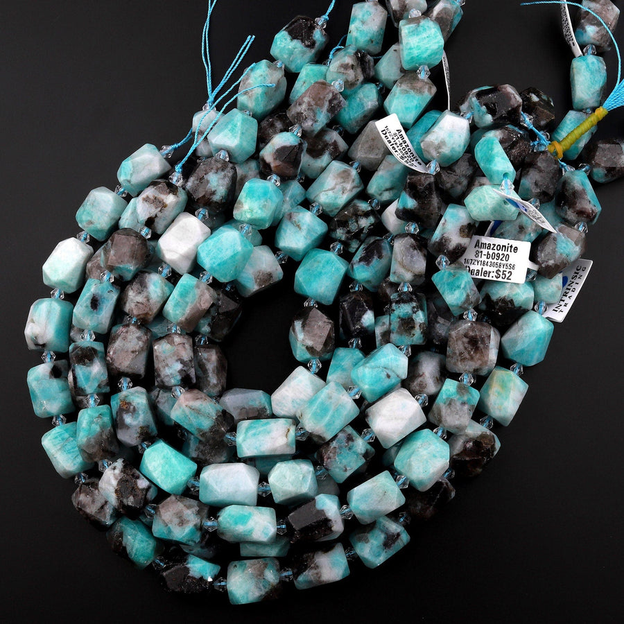 Large Natural Blue Amazonite Smoky Quartz  Rectangle Nugget Beads 15.5" Strand