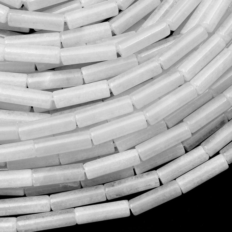 Natural White Jade Thin Long Tube Beads 14mm 15.5" Strand