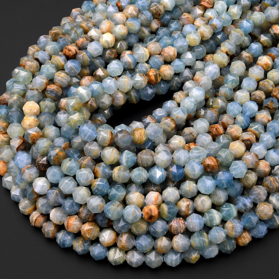 Faceted Natural Argentina Lemurian Aquatine Blue Calcite 8mm Rounded Double Hearted Star Cut Beads 15.5" Strand