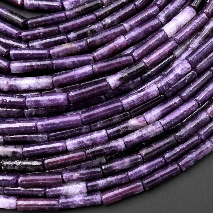 Natural Purple Lepidolite Thin Long Tube Beads 15.5" Strand