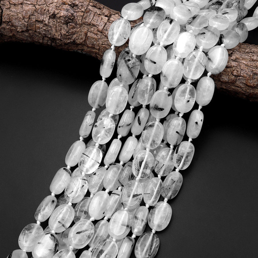 Natural Black Tourmaline Rutilated Quartz Oval Beads 18x13mm 15.5" Strand