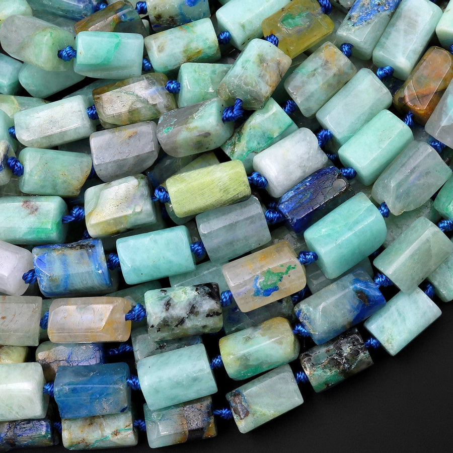 Natural Chrysocolla Azurite Faceted Tube Cylinder Beads 15.5" Strand