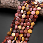 Natural Australian Mookaite Jasper Beads 14mm 18mm Coin Sunset Color Red Yellow Maroon Red Creamy beige 15.5" Strand