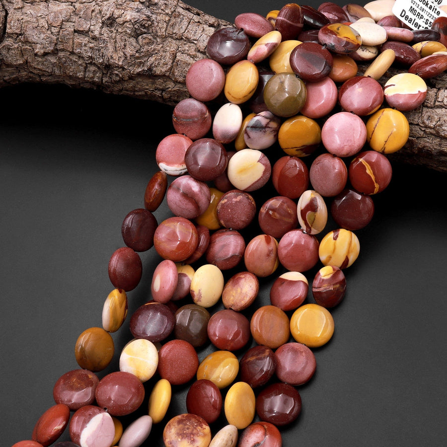 Natural Australian Mookaite Jasper Beads 14mm 18mm Coin Sunset Color Red Yellow Maroon Red Creamy beige 15.5" Strand